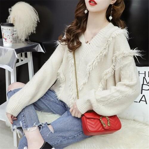 Autumn Red V-neck Long sleeve Tassel Knitting Pullover Sweater Plus Size Elegant Solid color Knit Jumper Female 2XL Casual Tops