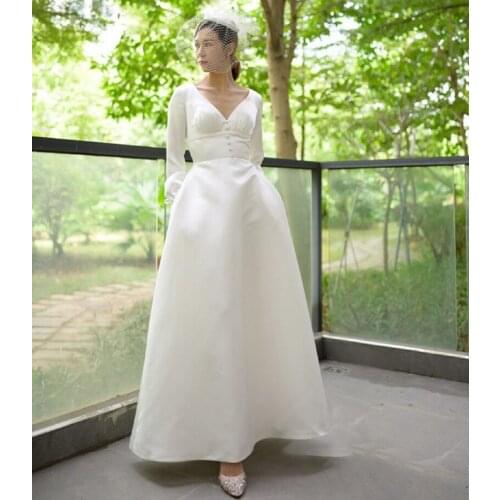 2021 New Design V Neck Long Sleeve Satin Ankle Length Backless Simple Plain Wedding Dress Bride Gown Vestidos De Novia