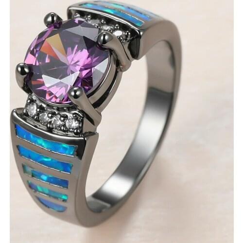 Vintage Female Purple Round Crystal Ring Charm 14KT Black Gold Wedding Rings For Women Luxury Bride Blue Opal Engagement Ring