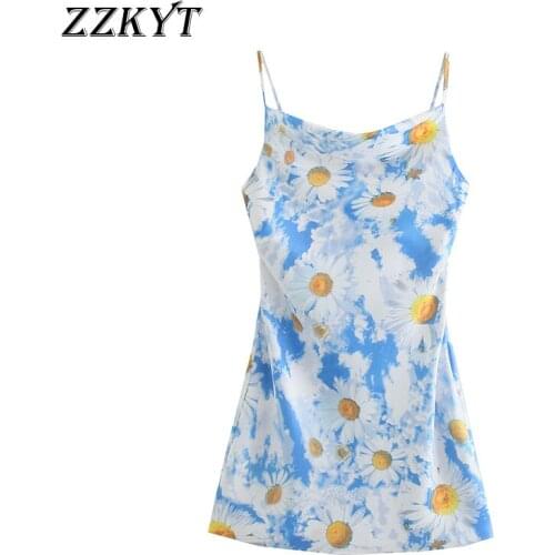 ZZKYT 2021 Women Summer Vintage Floral Print Mini Dress Fashion Sweet Sleeveless Backless Tin Tie Straps Female Party Dresses