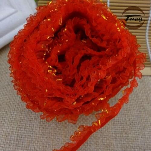 #1011 Red+Gold ruffled lace trim 14MM 6yards/lot elastic lace Adorn Baby Clothes Skirts Waistband hair Elastic bands Webbing