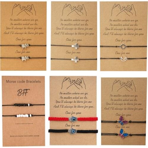 2pcs Elephant Butterfly Cross Sun Moon Bracelet for Friendship Couples Sister Women Lucky Wish Hamsa Hand Bead Jewelry Gifts