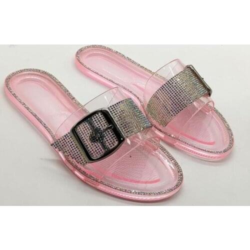 2021 Summer Womens Shoes Round Head Square Buckle Diamond Ladies Slippers Candy Color Transparent Crystal Flat Heel Slides