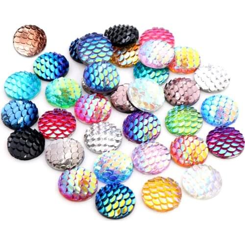 40pcs 8mm 10mm 12mm Mix Colors Mermaid Fish Scale Flat back Rhinestone Round Cabochon Embellishment Scrapbooking DIY Crafts