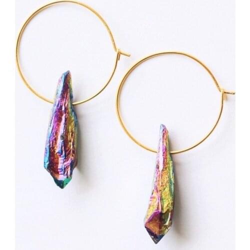 10Pairs/Lot Natural Rainbow Quartz Crystal Long Point Beads Dangle Hook Earrings Women Gold Crystal Earrings Handmade Jewelry