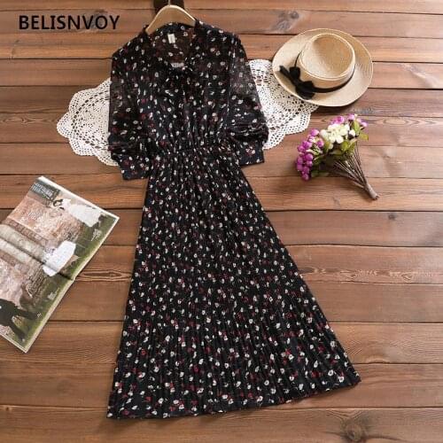 Elegant V-Neck Women Floral Printed Dresses Long Sleeve High Waist Chiffon Dress Female Pleated A-Line Mujer Vestidos