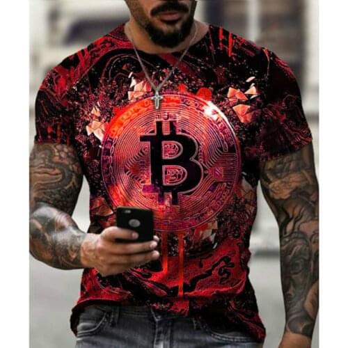 Mens Short Sleeve Sports Round Neck Loose T-shirt 3D Bitcoin Printing Breathable Casual Workout Clothes 2021 New