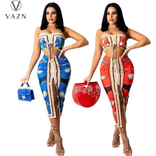 VAZN 2021 Dress Set Parity Drawstring Vintage Sexy Young Strapless Top Midi Skirts High Waist Slim Women 2 Piece Set