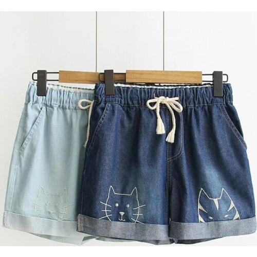 Lovely Women Denim Shorts Classic Girl Students High Waist Blue Short Cat Embroidery Caual Summer Hot Pants