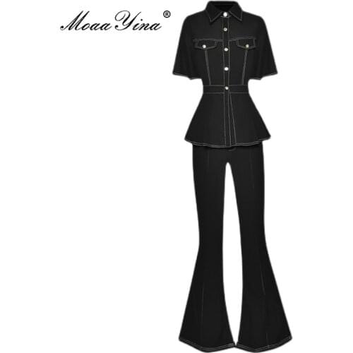 MoaaYina Fashion Designer Summer Black Pants Suit Womens Short sleeve Single-breasted Tops and Flare Pants Two Pieces Set