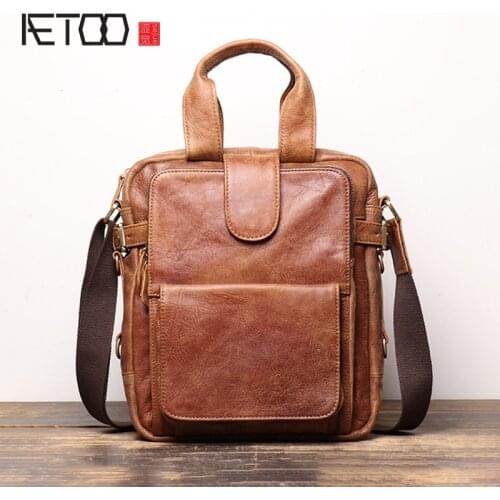AETOO Mens head-layer cowhide carry-on briefcase, leather shoulder bag, matte leather stiletto bag