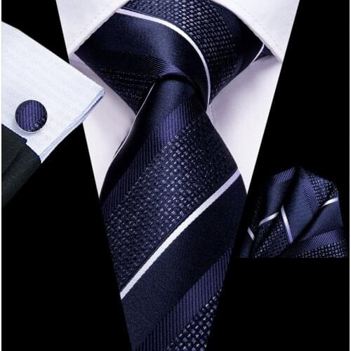 Hi-Tie Navy Blue Striped Paisley Silk Wedding Tie For Men Novelty Designer Quality Hanky Cufflink Gift Nicktie Set Dropshipping