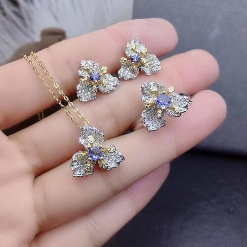 The Best Wedding Gift Tanzanite jewelry set Natural Real Tanzanite 925 sterling silver 1pc pendant,1pc ring,2pcs Earring