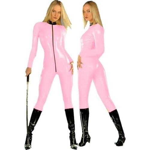 PVC Laex Catsuit Women Zentai Front Zip Jumpsuit High Black Neck Leather Catsuit Bodycon Sexy Wetlook Bodysuit Glossy Cosplay