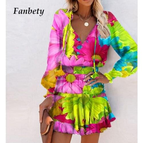 Spring Summer New Ruffle Women Dresses Casual Long Sleeve V Neck Loose Mini Dress Fashion Drawstring Floral Print Party Dress XL