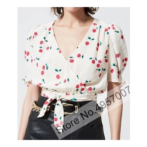 Ladies Wrap V Neckline Cherry Printed Blouse Shirt Top