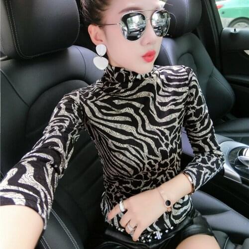 Female Slim Plus Size Woman Shirt Zebra Pattern Dot Printed Long Sleeve Turtleneck T-shirt 2018 Fashion Autumn Turtleneck Tshirt