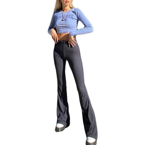 Women Solid Color Flare Pants, Casual High Waist Stretch Skinny Bell Bottom Pants