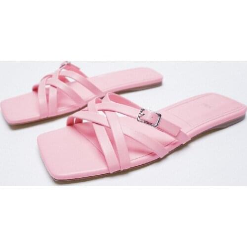 ZAR Slippers Women Summer Luxury 2021 New Pink Square Toe Buckle Ornament Casual Flat Sandals Brand Woman Beach Shoes Plus Size
