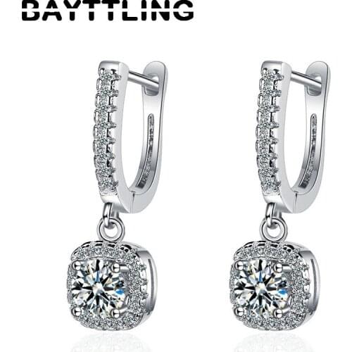 BAYTTLING 925 Sterling Silver 24MM Fine Square Pendant Zircon Earrings For Women Fashion Engagement Party Jewelry Gifts