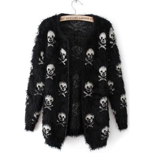 Korean Fashion Skull Sweater for Women Gothic Clothing Autumn New Wool Long Knitted Cardigan White Black Streetwear Cashmere