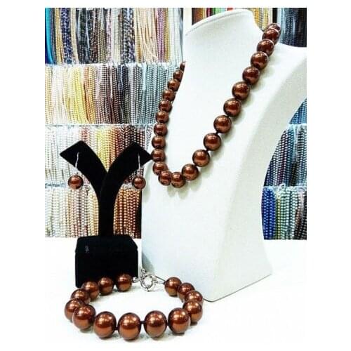 12mm coffee South Sea shell pearl necklace bracelet earrings set>bead charm body jewelry charm jewelry set