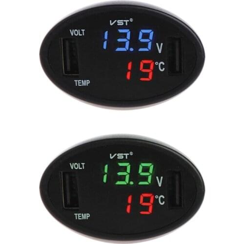 Car Digital LED Thermometer Voltmeter Auto USB Charger Battery Monitor Temperature Gauge