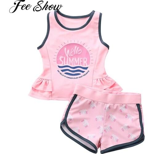 2021 Kids Girls Swimwear Outfit Swimming Bathing Suits Round Neck Sleeveless Layered Ruffle Hem Top with Drawstring Shorts Set