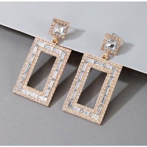 Docona Vintage Gold Color Geometric Rhinestone Drop Earrings for Women Hollow Rectangle Earrings Jewelry серьги подвески 9455