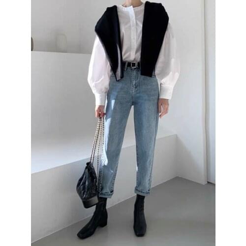 Womens Jeans Denim Pants High Waist Korean Pocket White Black Beige Blue Loose Female Denim Harem Pants Trousers Streetwear