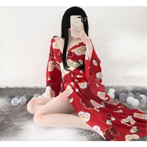 Japanese Kimono Sexy Women Harajuku Bathrobe Robes Sexy Lingerie Top Yukata Sleepwear Print Prom Gown Sakura Geisha Obi Floral