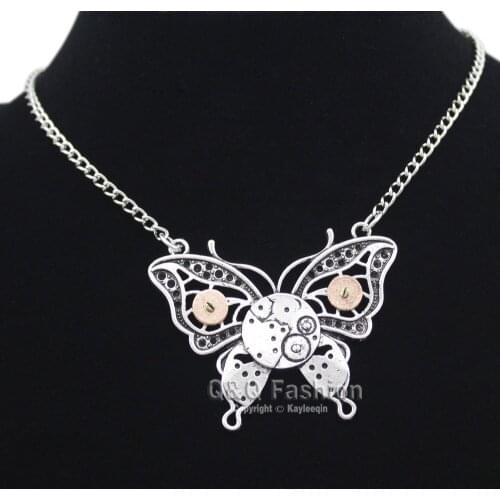 Ornate Silver Plated Butterfly Watch Clock Hand Gear Cog Steampunk Chain Necklace Jewelry 2020 New