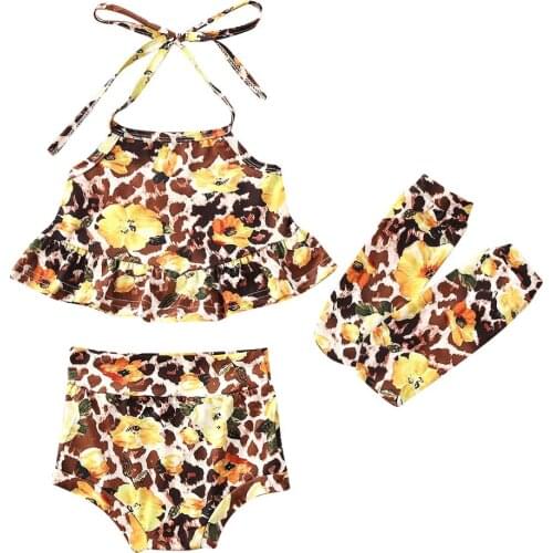 0-18M Newborn Infant Baby Girls Clothes Set Leopard Flower Ruffles Vest Tops Shorts Outfits Summer Costumes