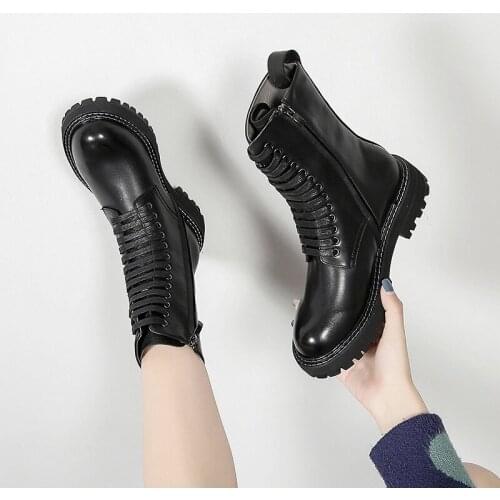 Leather Martin Boots Womens 2020 New British Fashion Retro Casual Short Boots Chunky Heels Cowhide Ladies Shoes Round Toe