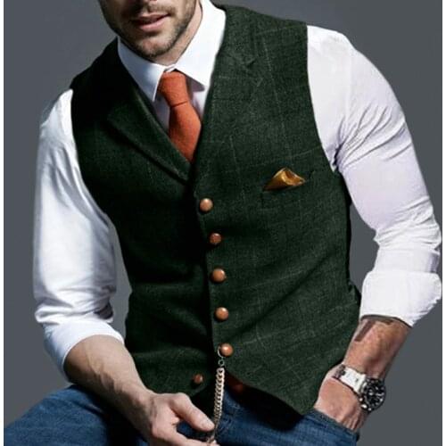 Mens Suit Vest Notched Plaid Wool Herringbone Tweed Waistcoat Casual Formal Business Groomman For Wedding Green/Black/Green/Grey