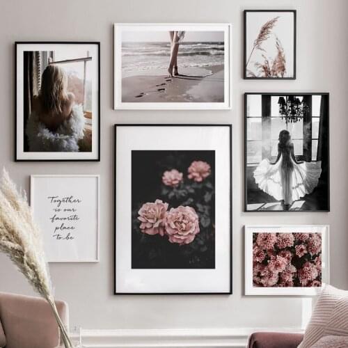 Wall Art Canvas Painting Pink Flower Beach Dancing Girl Quotes Nordic Posters And Prints Wall Pictures For Living Room Decor