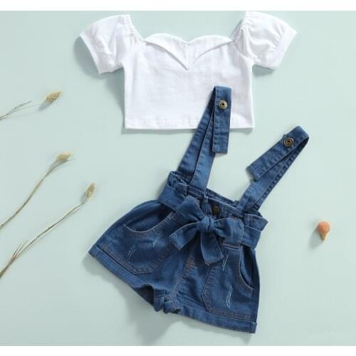 Girl Clothes Set Fashion Toddler Girls Short Sleeve Top+Denim Suspender Shorts 2PCS Summer Clothing sets Outfit 1-6Y