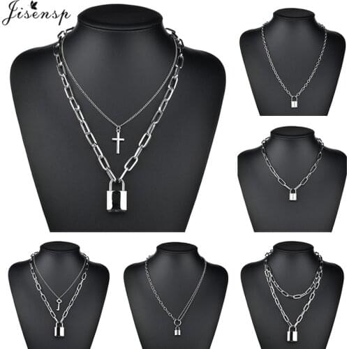 Jisensp Double layer Long Chain Lock Necklace Punk 90s Padlock Pendant Necklaces for Women Aesthetic Egirl Jewelry Collier