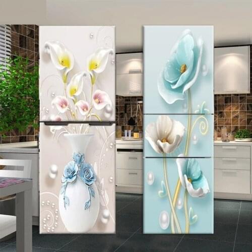 Relief Flower Refrigerator Sticker Door Cover Fridge Red Wine Bottle Self-adhesive Vinyl Art Mural Cover Kitchen Furniture Decor