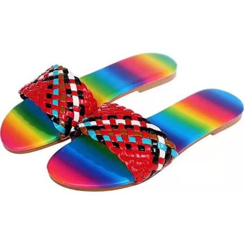 2021 New Summer Slides Color Collision Weave Open Toe Flat Casual Slipper Leisure Sandal Female Beach Flip Flops Women Slippers