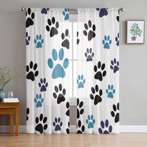 Dog Paw Black Blue White Window Treatment Tulle Modern Sheer Curtains for Kitchen Living Room the Bedroom Curtains Decoration