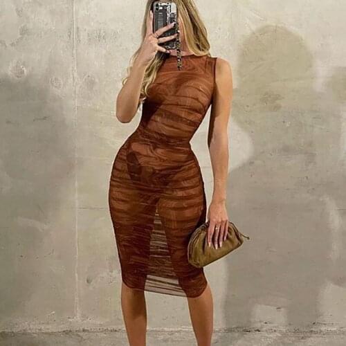 Tinastyle Print Sheer MeshSexy Summer Dress Women Sleeveless O Neck See Through Bodycon Dress Casual Party Club Dress Vestidos