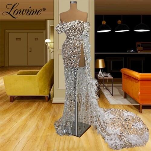 Illusion Pearls Beaded Evening Dresses 2021 Couture Long Party Gowns With High Split Side African Celebrity Prom Robe De Mariage