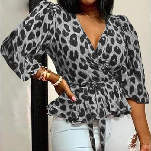 Female Blouses 5XL Elegant Office Sexy Chic Shirts Deep V-Neck Shirt Leopard Print Belted Tops Women Ruffle Sleeve Casual Blouse