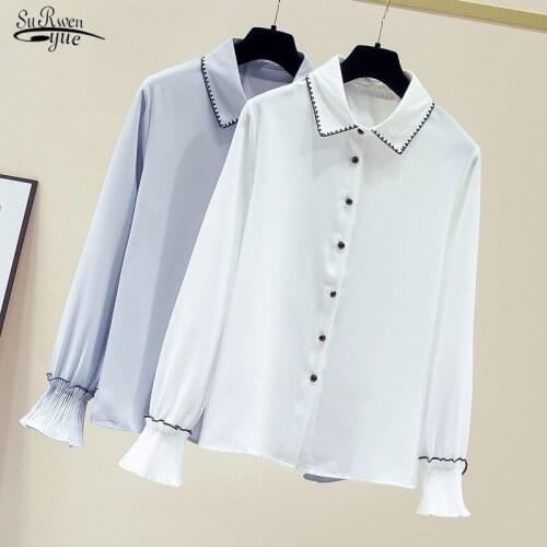 Korean Fashion Women Office Lady POLO Collar Clothing Loose Chiffon Shirt Elegant Women Tops Long Sleeve Shirt and Blouse 11225