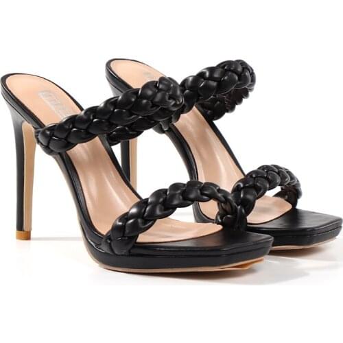 2021 Summer Women Sandals Thin Heels Square Toe Solid Color Fashion High-Heeled Sandals Weave Concise Open Toe Sandals