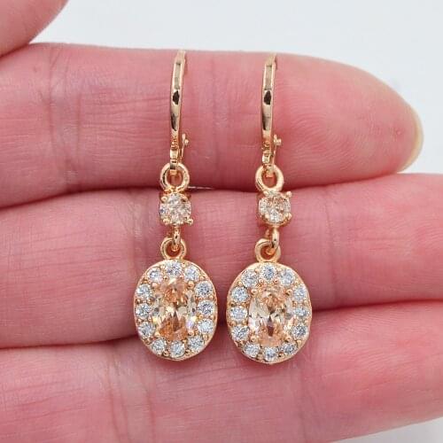 Gold Color Women Fashion Champagne Zirconia CZ Oval Dangle Earrings Jewelry