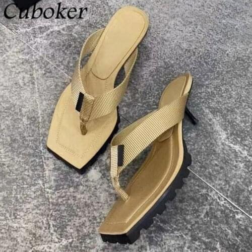 Fashion Brand Runway Flip Flops Women High Heel Sandals Square Toe High Quality Stretch Fabric Slides Summer Beach Shoes Women