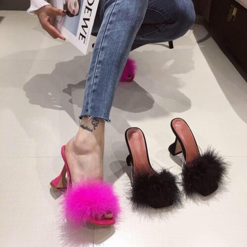 2020 Summer European and American Transparent Square Crystal Spool Heels High Heels Slippers Shoes Large Size 41 fur slides
