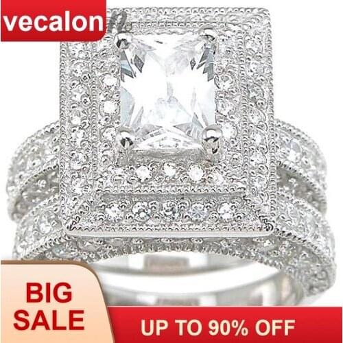 Vecalon fashion Engagement Wedding band Ring Set for Women 2ct AAAAA Zircon Cz 14KT White Gold Filled Female Finger ring
